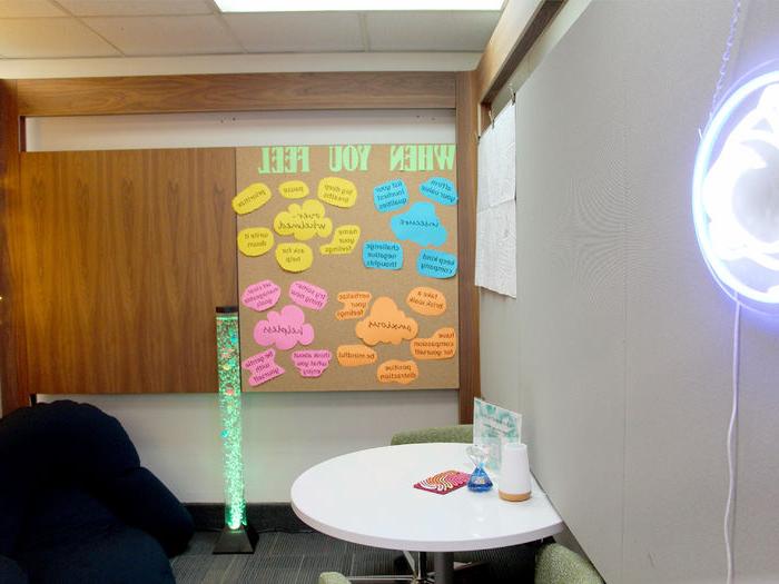 A view inside the sensory space at the Penn State DuBois library. The Moon Pod, a donation from Brett and Danielle Spencer, is visible on the lower right side of the photo.